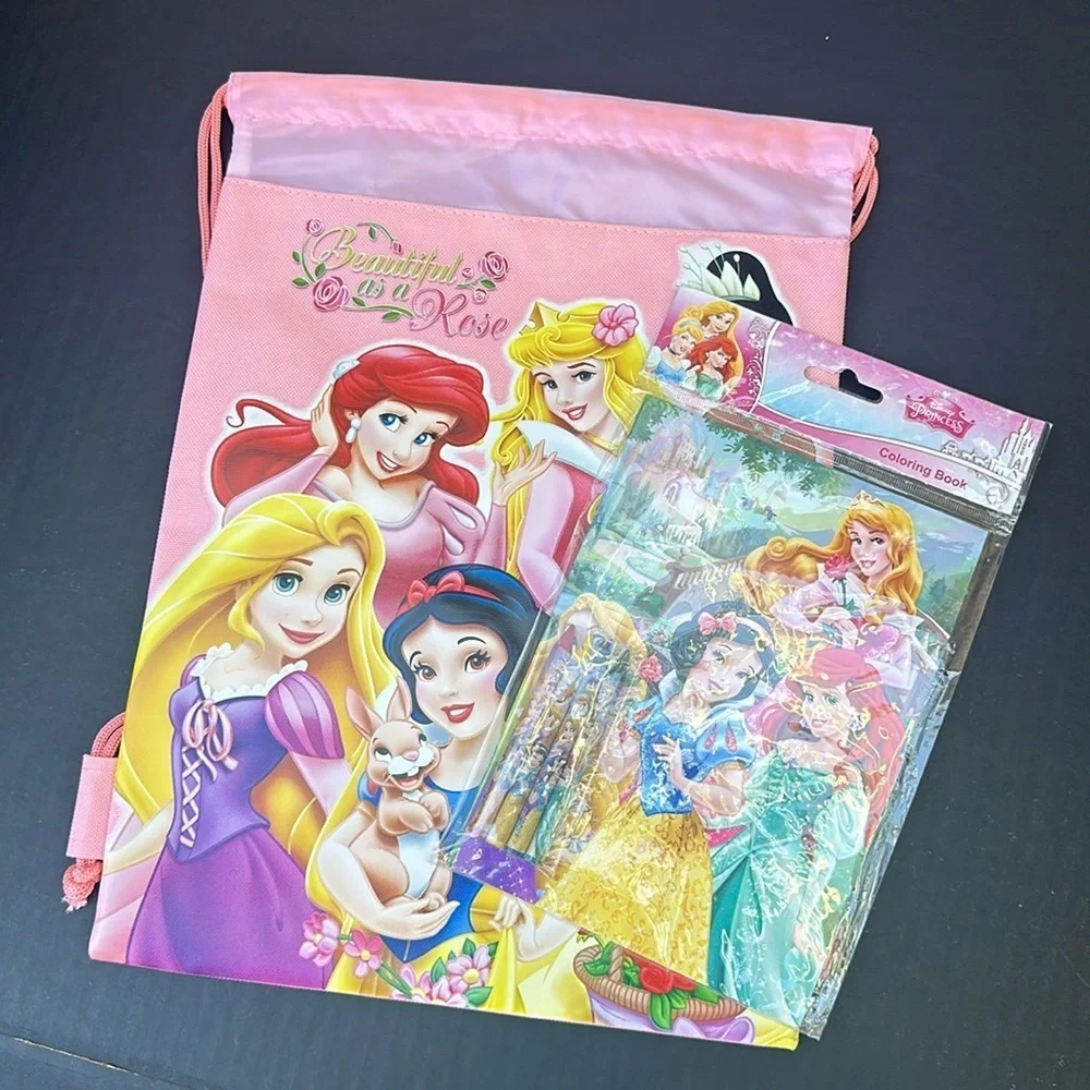 New Disney Princess Hot Pink Drawstring Bag With Coloring Book